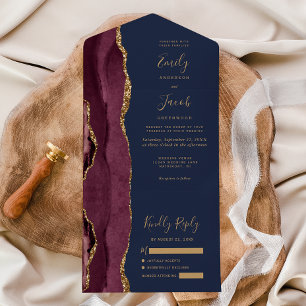 Moderne Burgund Gold Achat Navy Blau Hochzeit All In One Einladung