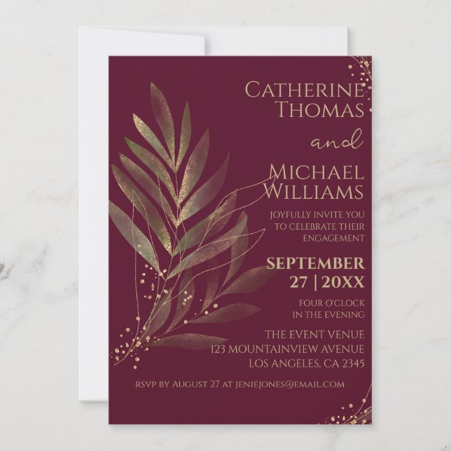 Moderne Burgund Gold Leaf Wedding Party Einladung (Vorderseite)
