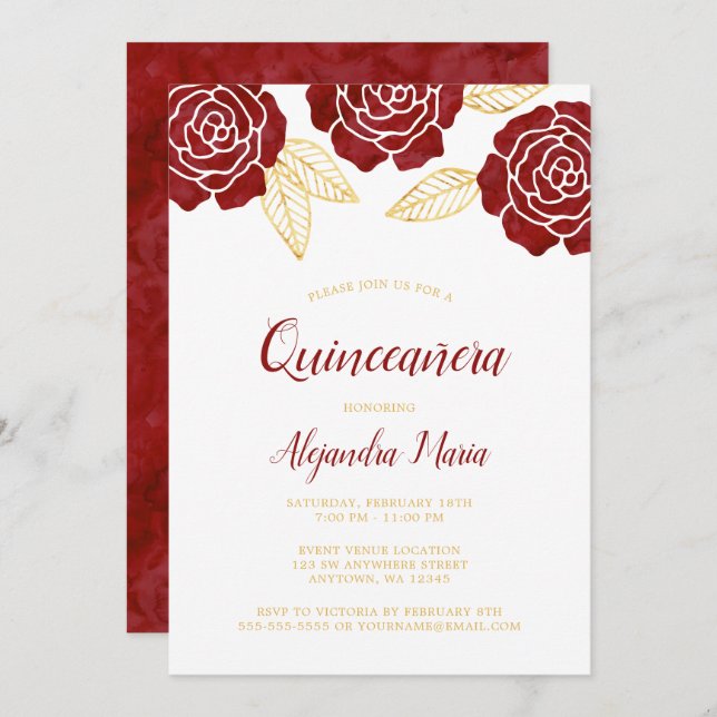 Moderne Burgund Gold Rose Quinceanera Einladungen (Vorne/Hinten)