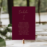 Moderne Burgund-Gold-Script-Hochzeitsskrippe-Tisch Tischnummer<br><div class="desc">Diese moderne Hochzeitskarte mit dem Wort "Tisch" in goldfarbenem Schriftzeichen auf bordeauxrotem Hintergrund. Fügen Sie die Namen Ihrer Gäste hinzu,  die jedem Tisch in goldfarbenem Sans Serif Schriftart zugeordnet sind.</div>