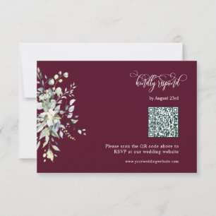Moderne Burgund-Grüne Blätter QR Code Response Car RSVP Karte