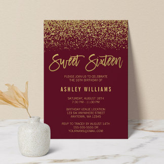 Moderne Burgund Imitate Gold Glitzer Sweet 16 Einladung