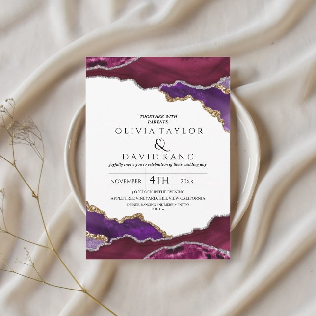 Moderne Burgund Imitate Gold Lila Mix Agate Weddin Einladung (Von Creator hochgeladen)