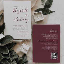 Moderne Burgund-Kalligrafie-QR-Hochzeit Einladung