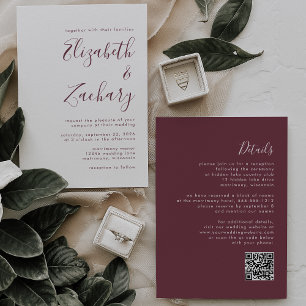 Moderne Burgund-Kalligrafie-QR-Hochzeit Einladung