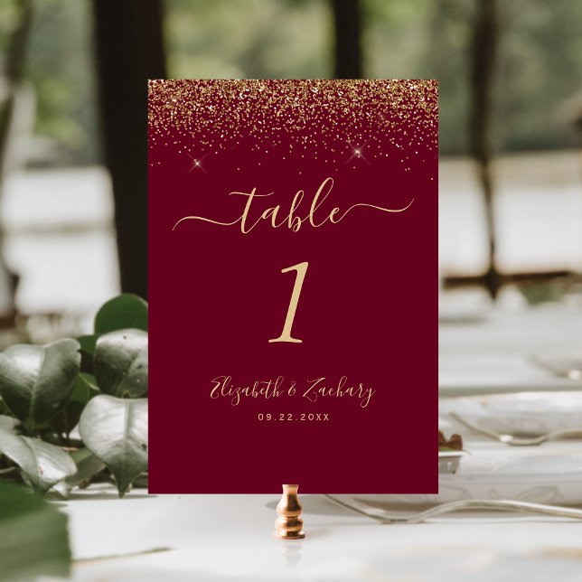 Moderne Burgund Red Gold Glitzer Edge Wedding Tischnummer (Von Creator hochgeladen)
