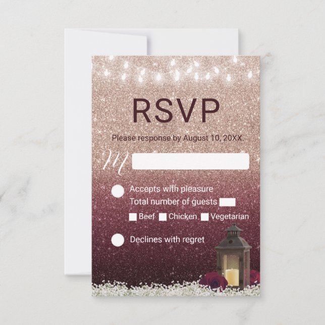 Moderne Burgund Rose Gold Lantern Wedding RSVP (Vorderseite)