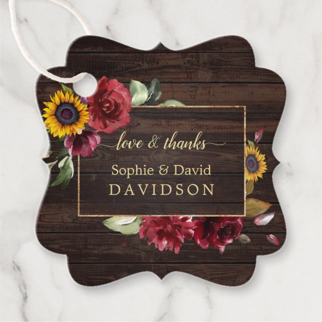 Moderne Burgund-Rose Sonnenblumen-Goldhochzeit Geschenkanhänger (Vorderseite)