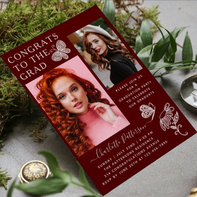 Moderne Burgund-Schmetterling-Foto-Graduierungspar Einladung (Von Creator hochgeladen)