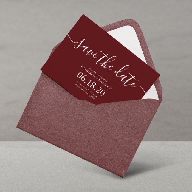 Moderne Burgund-Script-Hochzeit speichern die Datu Save The Date (Von Creator hochgeladen)