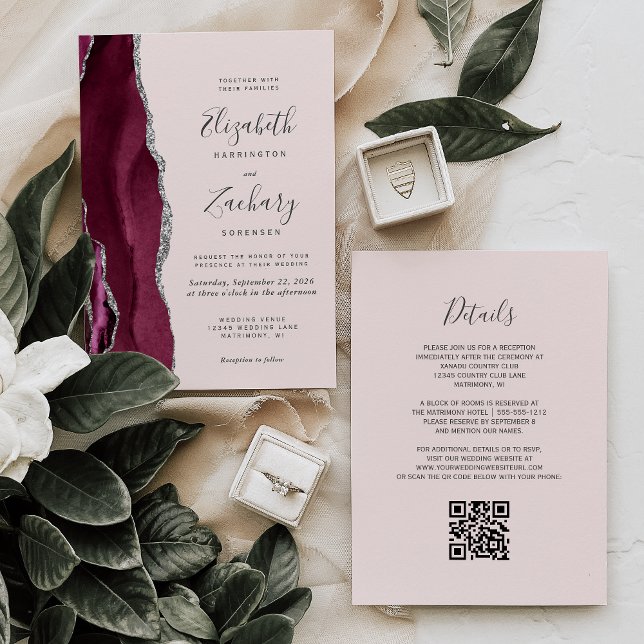 Moderne Burgund Silber Achat Rosé QR-Code Hochzeit Einladung (Von Creator hochgeladen)