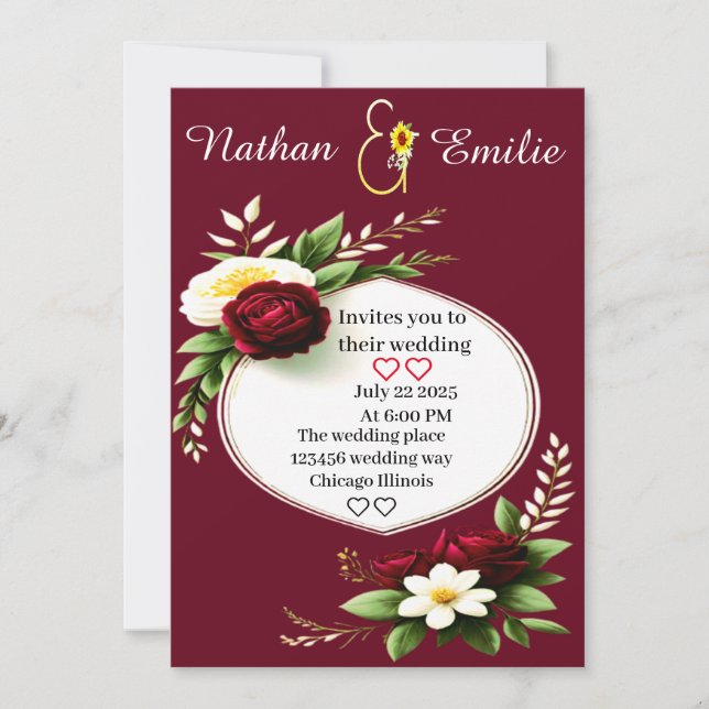 Moderne Burgund und grüne romantische Hochzeit Einladung (Vorderseite)