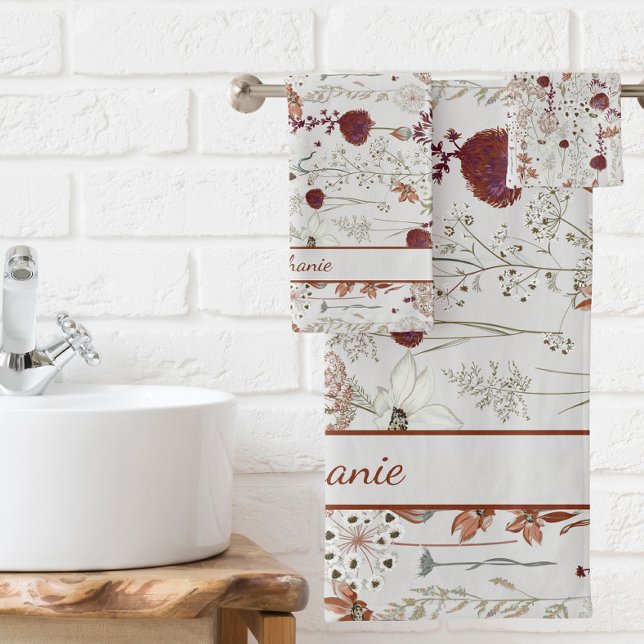 Moderne Burgund-Wildblumen | Elegant Boho Floral Badhandtuch Set (Von Creator hochgeladen)