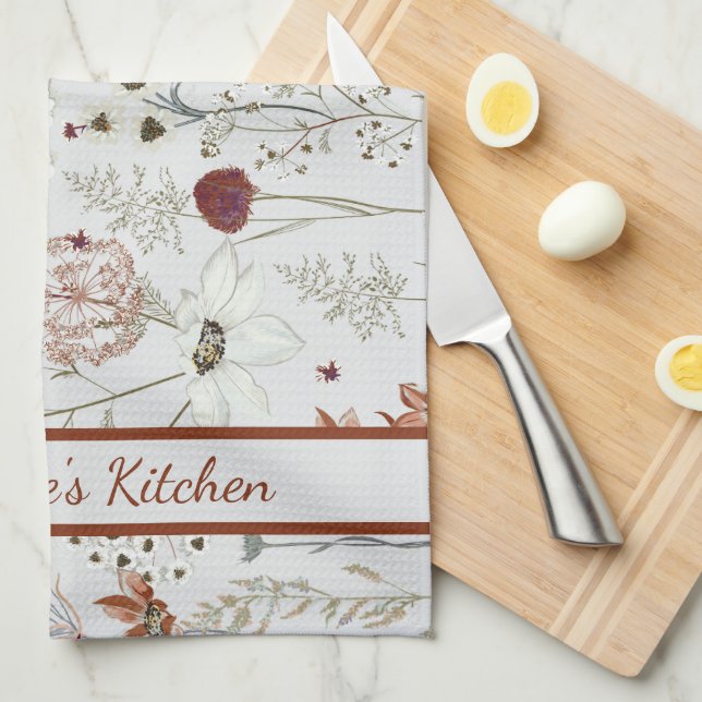 Moderne Burgund-Wildblumen | Elegant Boho Floral Geschirrtuch (Viertel Falte)