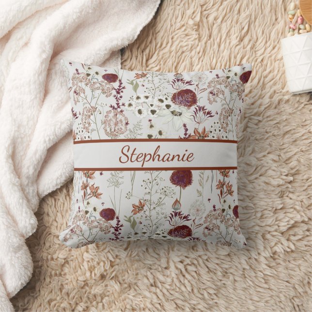 Moderne Burgund-Wildblumen | Elegant Boho Floral Kissen (Decke)