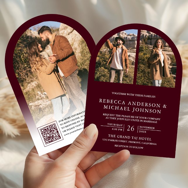 Moderne Burgundbogen-Foto-QR-Code-Hochzeit Einladung (Von Creator hochgeladen)