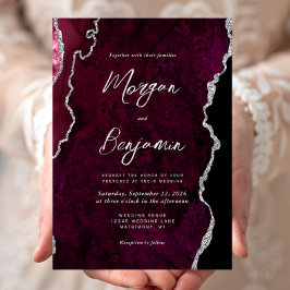 Moderne Burgunder-Achat-Silber-Schrift-Hochzeit Einladung