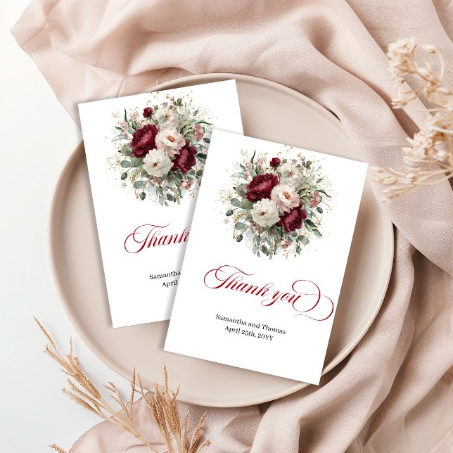 Moderne Burgunder Blumen Dankeskarte (Trendy Burgundy Floral Greenery Thank You Card)