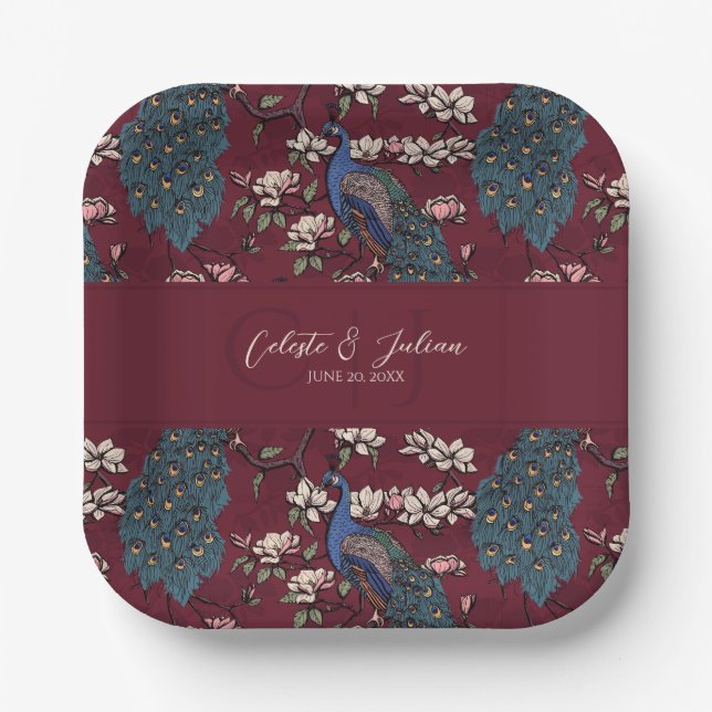 Moderne Burgunder-Blumen-Pfau-Hochzeit Pappteller (Vorderseite)