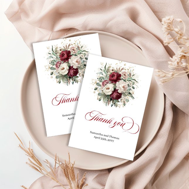 Moderne Burgunder Florale Eukalyptus Gold Danke (Modern Burgundy Floral Eucalyptus Gold Thank You Card)