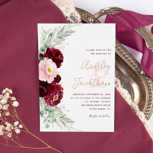 Moderne Burgunder Florale Grün Hochzeit Rose Gold Folieneinladung