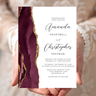 Moderne Burgunder-Gold-Achat-Schrift Hochzeit Einladung