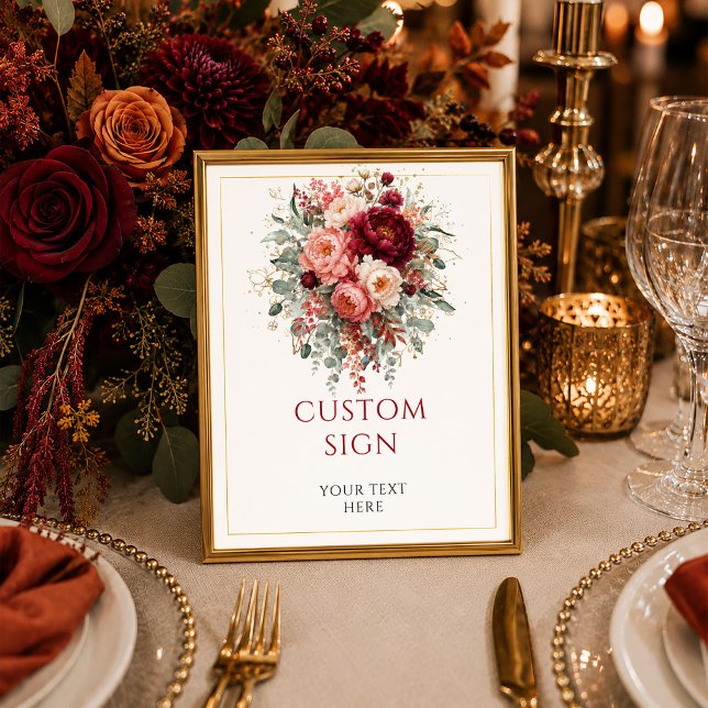 Moderne Burgunder-Gold-Blumen-Herbst-Tischplatte Poster (Modern Burgundy Gold Floral Autumn custom tabletop sign

)