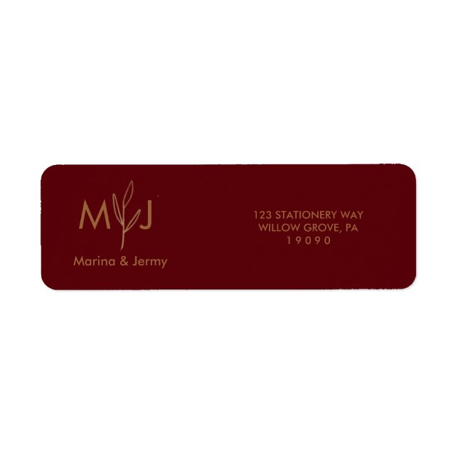 Moderne Burgunder-Goldblatt-Monogramm  (Vorne)