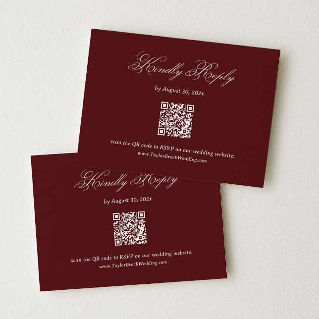 Moderne Burgunder Hochzeits-RSVP-QR-Code Begleitkarte (Von Creator hochgeladen)