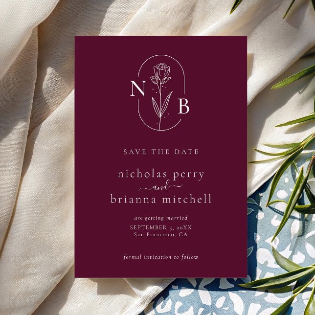 Moderne Burgunder-Hochzeitsmonogramm Minimalistisc Save The Date (Von Creator hochgeladen)