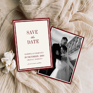 Moderne Burgunder-Old-Money-Hochzeit Termin merken Save The Date