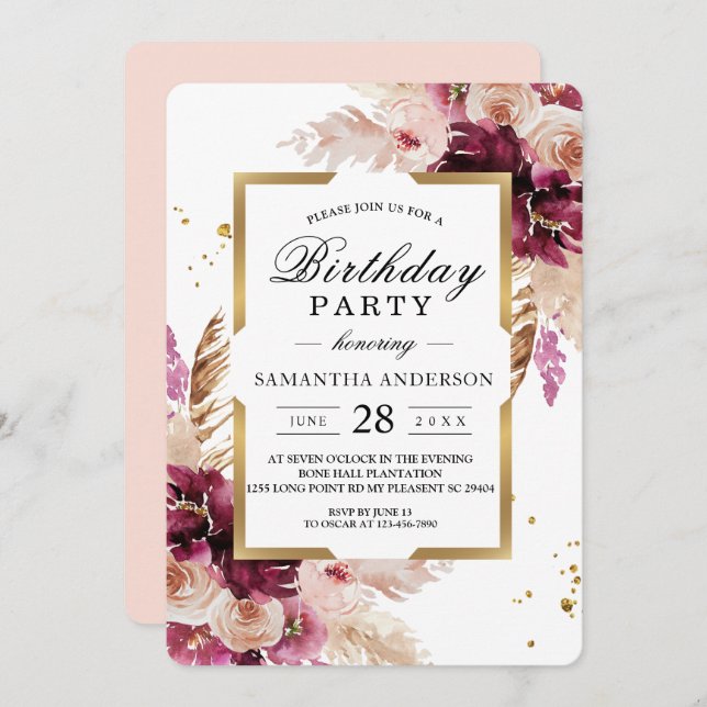 Moderne Burgunder Rosa Blütenfarben, Blütenfarben  Einladung (Vorne/Hinten)