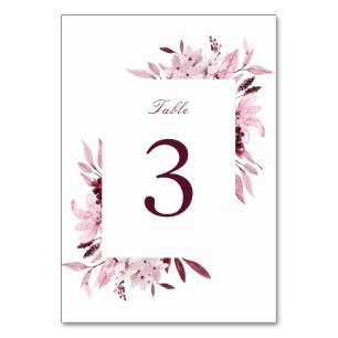 Moderne Burgunder-Rosé-Wasserfarben-Blumenhochzeit Tischnummer