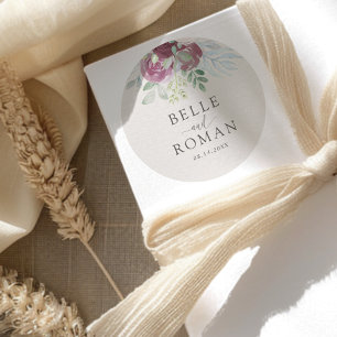 Moderne Burgunder-Rosen-Aquarell-Hochzeit Runder Aufkleber