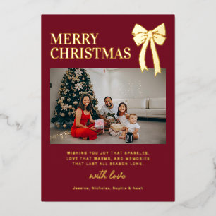 Moderne Burgunder-Schleifen-Foto-Weihnachten Gold Folien Feiertagskarte