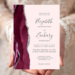 Moderne Burgunder Silber Achat Rosé Hochzeit Einladung