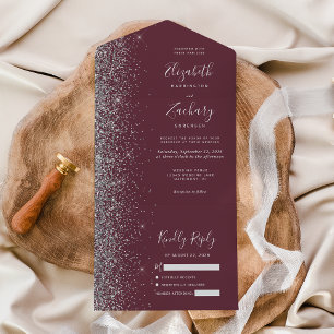 Moderne Burgunder Silber Glitter Hochzeit All In One Einladung