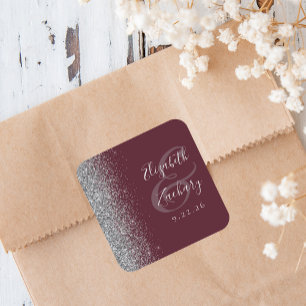Moderne Burgunder Silber Glitter Rand Hochzeit Quadratischer Aufkleber