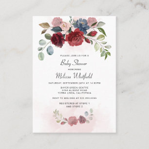 Moderne burgunderfarbene florale Babyshower-Einlad Visitenkarte