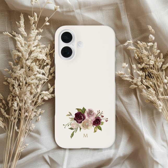 Moderne Burgunderrosa Florale Wasserfarbe Monogram Case-Mate iPhone Hülle (Von Creator hochgeladen)
