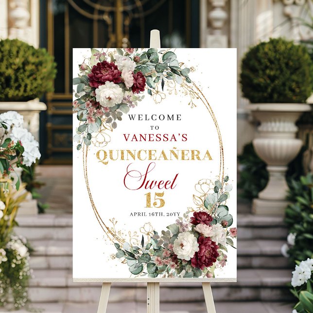 Moderne burgunderrote Blumenteppich Gold Boho Quin Poster (Modern Burgundy Floral Gold Boho Quinceanera Welcome Sign)