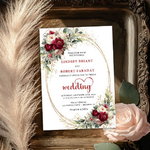 Moderne burgunderrote Boho-Floral-Hochzeitseinladu Einladung