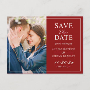 Moderne burgunderrote Maroon-Foto-Save-the-Date-Ka Postkarte