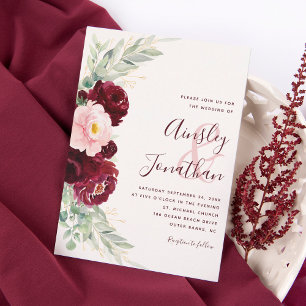 Moderne Burgunderrote Rosen Florale Hochzeit Einladung