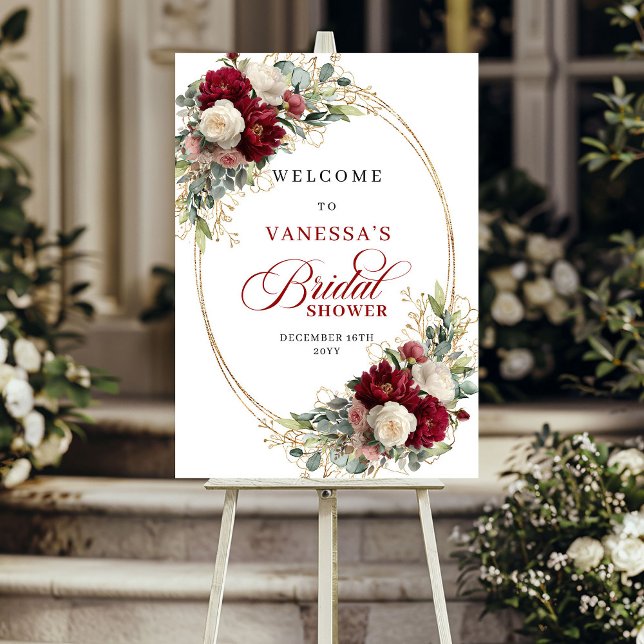 Moderne Burgunderweiße Florale Boho Braut Dusche Poster (Modern Burgundy White Floral Boho Bridal Shower Welcome)
