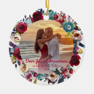 Moderne Burgundi Navy Floral Unsere ersten Weihnac Keramik Ornament