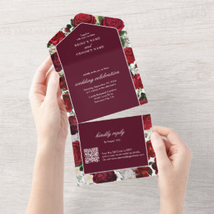 Moderne burgundische Blumenaquarell-Elegante Hochz All In One Einladung
