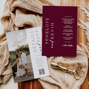 Moderne burgundische Boho-Hochzeitsfoto-QR-Code-RS Einladung