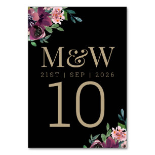 Moderne Burgundy Bloral Black Gold Hochzeit Tischnummer