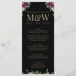Moderne Burgundy Bloral Black Gold Monogram Weddin Menükarte